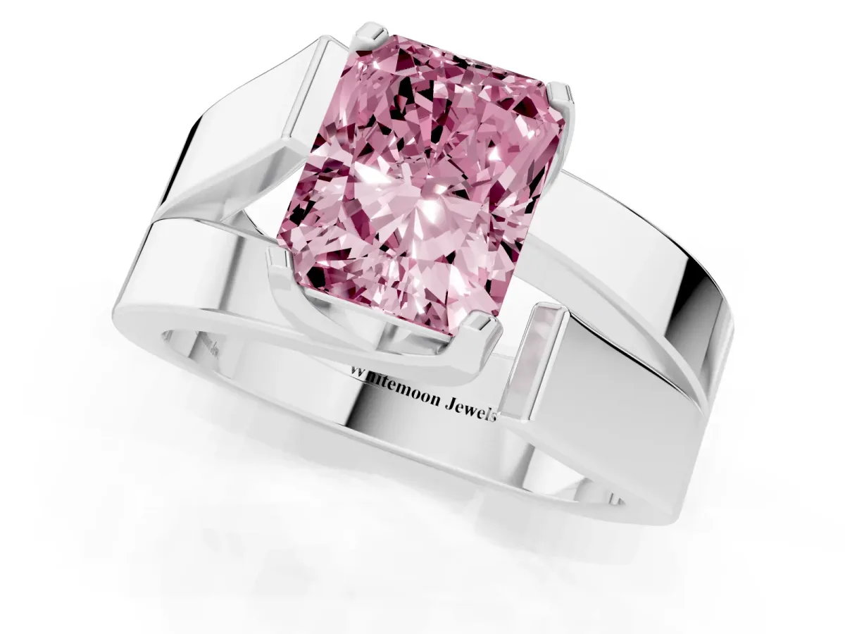 Fancy Pink Modern Tension Set Radiant Cut Diamond Solitaire Wide Band Ring Silver