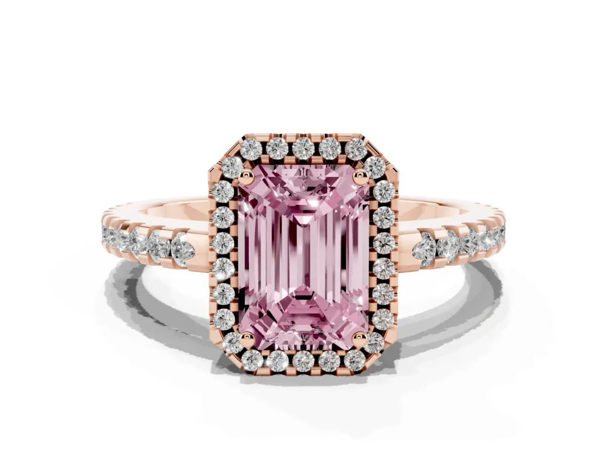Fancy Pink Emerald Cut Diamond Halo Engagement Ring with Pavé Band and Prong Setting Rose gold