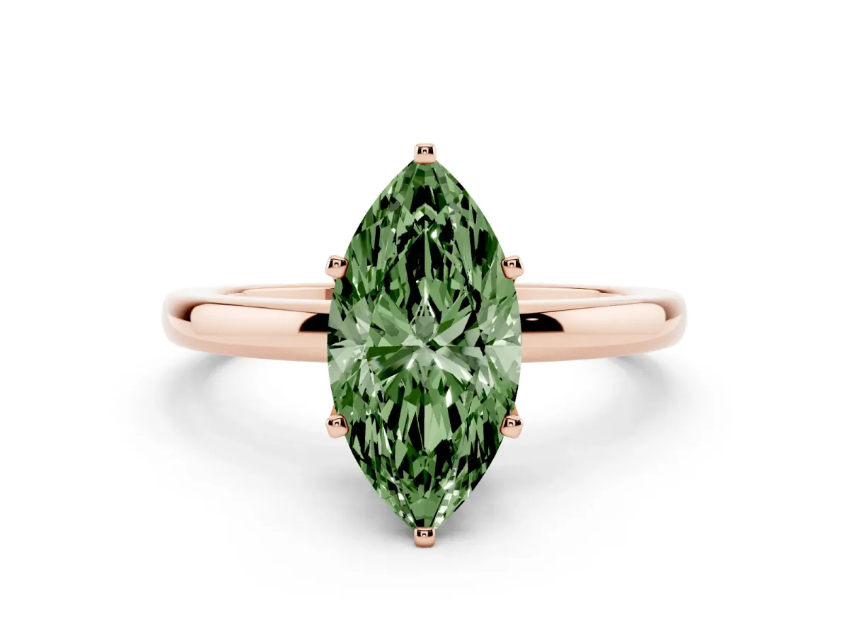 Fancy Green Marquise Cut Solitaire Diamond Ring with Six-Prong Setting on a Classic Band Rose gold
