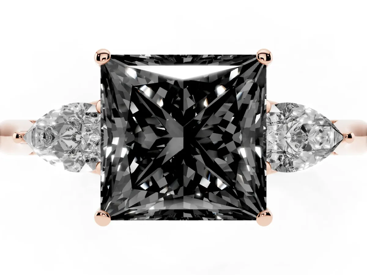 Fancy Black Princess Cut Diamond Three-Stone Ring with Pear Side Stones and Prong Setting Rose gold