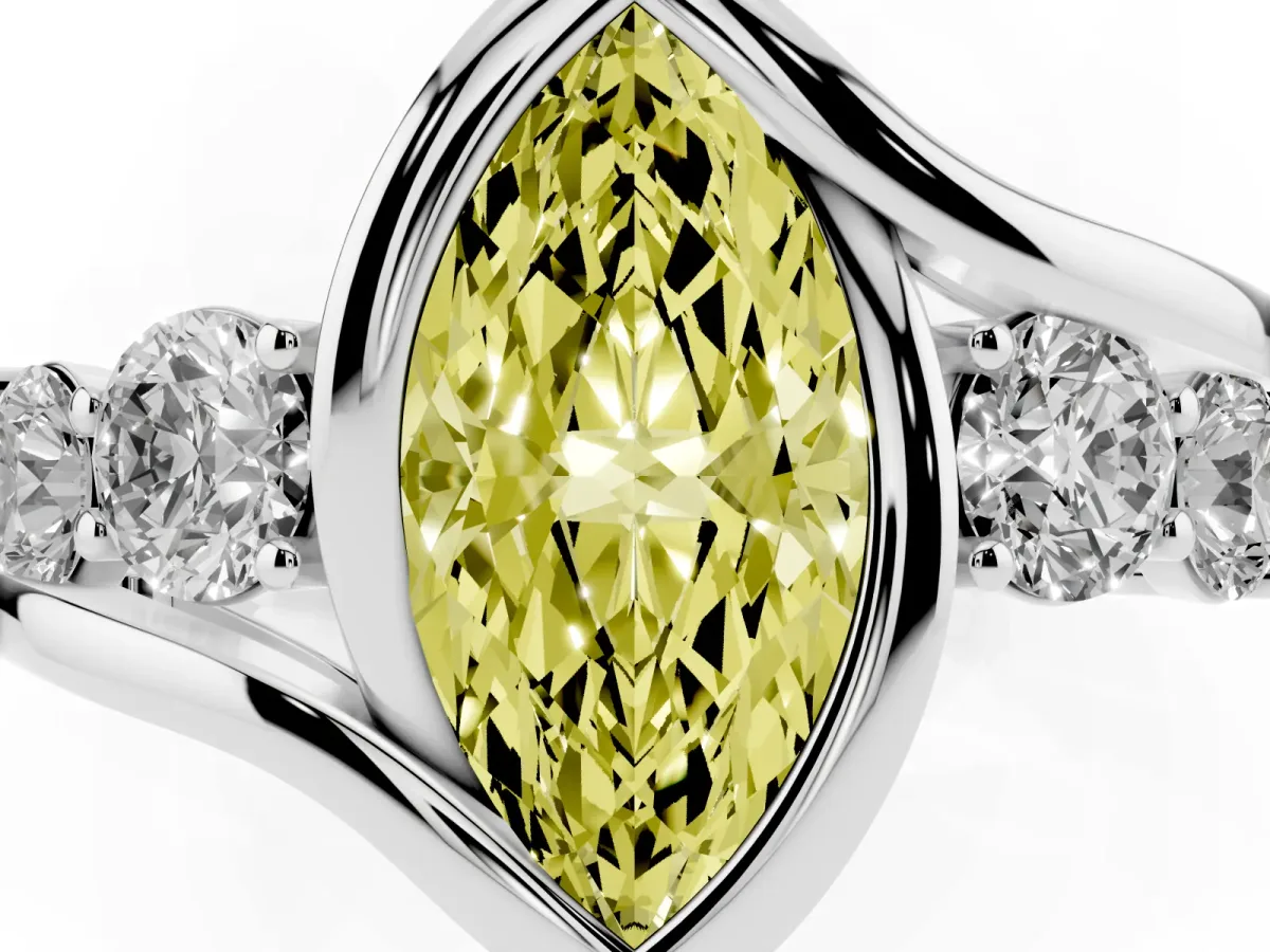 Fancy Yellow Bezel Set Marquise Cut Diamond Bypass Ring with Round Accents Silver