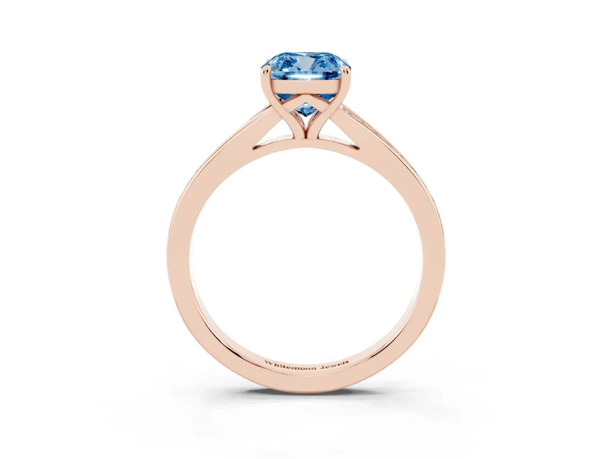 Fancy Blue Cushion Cut Diamond Solitaire Ring with Pavé Band and Prong Setting Rose gold