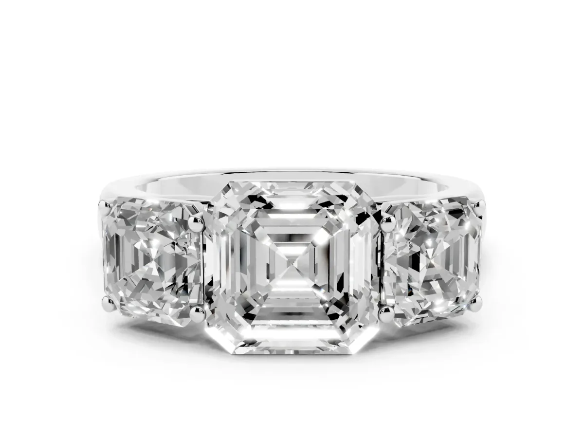 Asscher Cut Three-Stone Diamond Ring with Prong Setting on a Classic Band Platinum