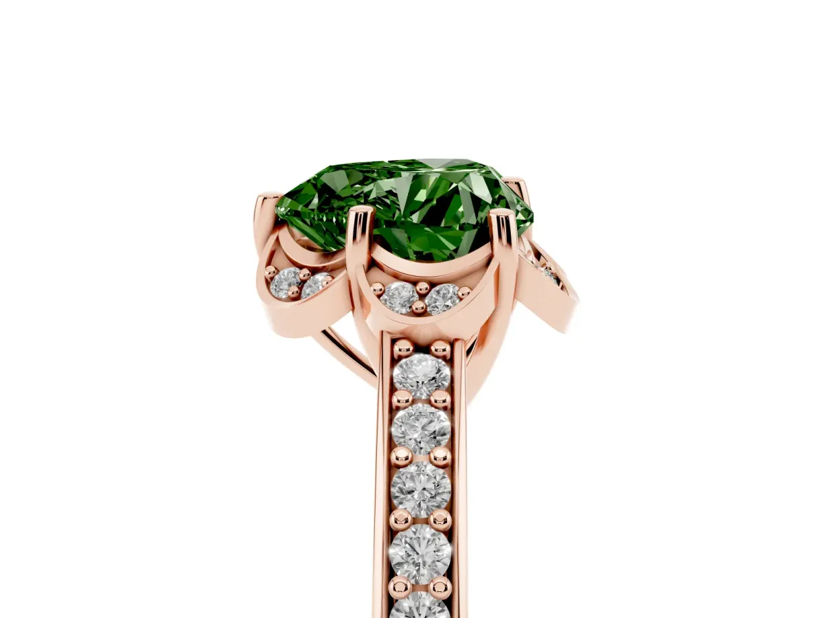 Fancy Green Heart Cut Cut Halo Diamond Ring with Channel Set Band and Four-Prong Setting Rose gold