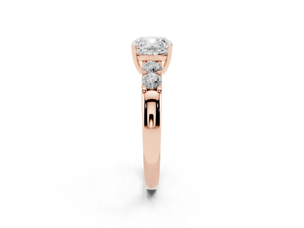 Cushion Cut Brilliant Cut Diamond Five-Stone Prong Set Engagement Ring with Channel Band Rose gold
