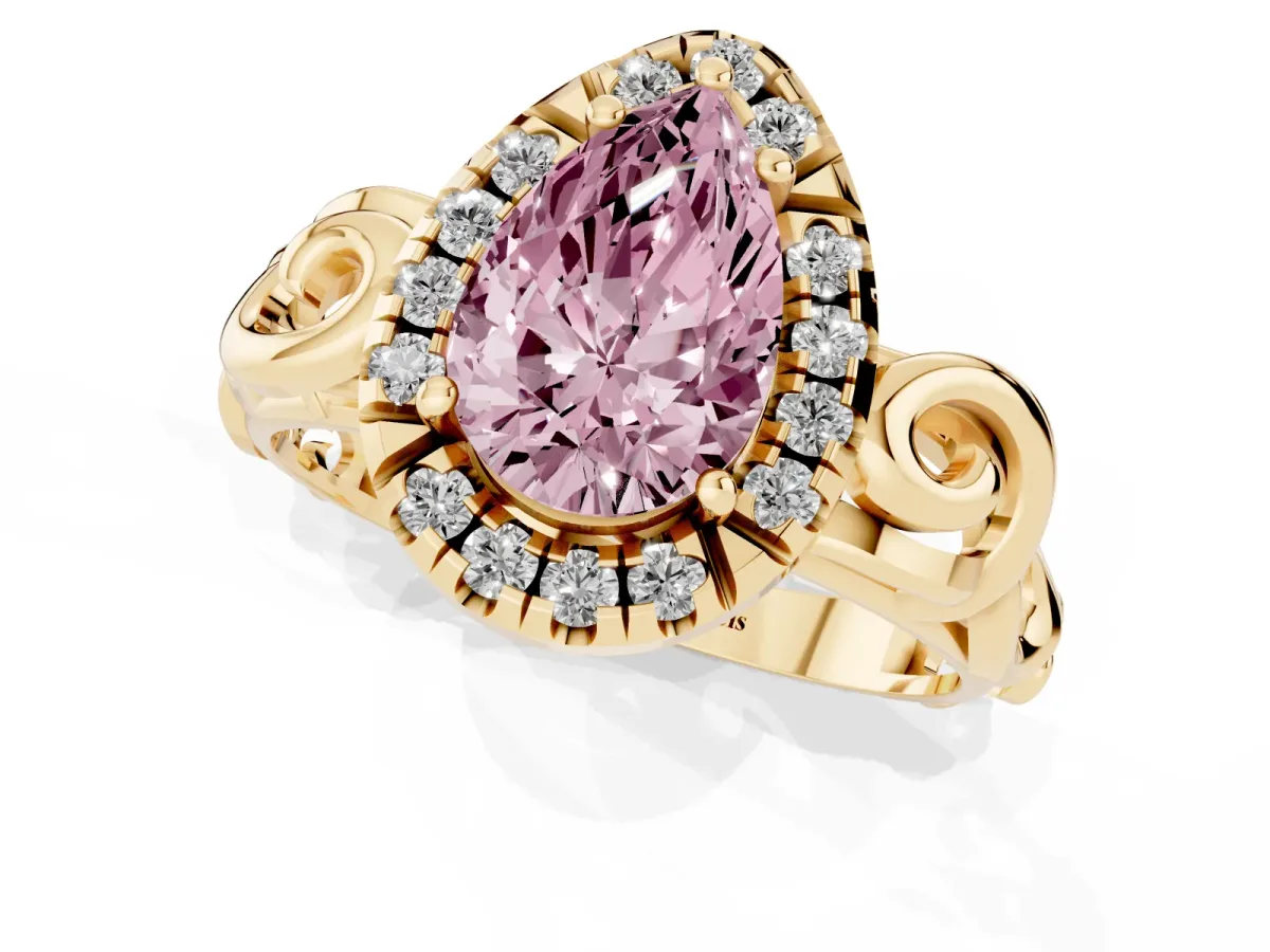 Fancy Pink Pear Cut Cut Halo Diamond Ring with Scrollwork Band and Four-Prong Setting Yellow gold