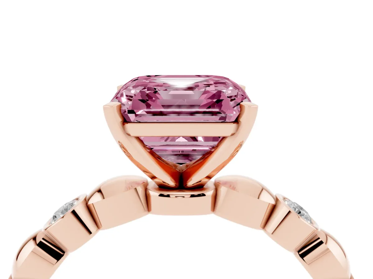 Fancy Pink Asscher Cut Solitaire Bezel-Set Diamond Ring with Beaded Band and Four-Prong Setting Rose gold