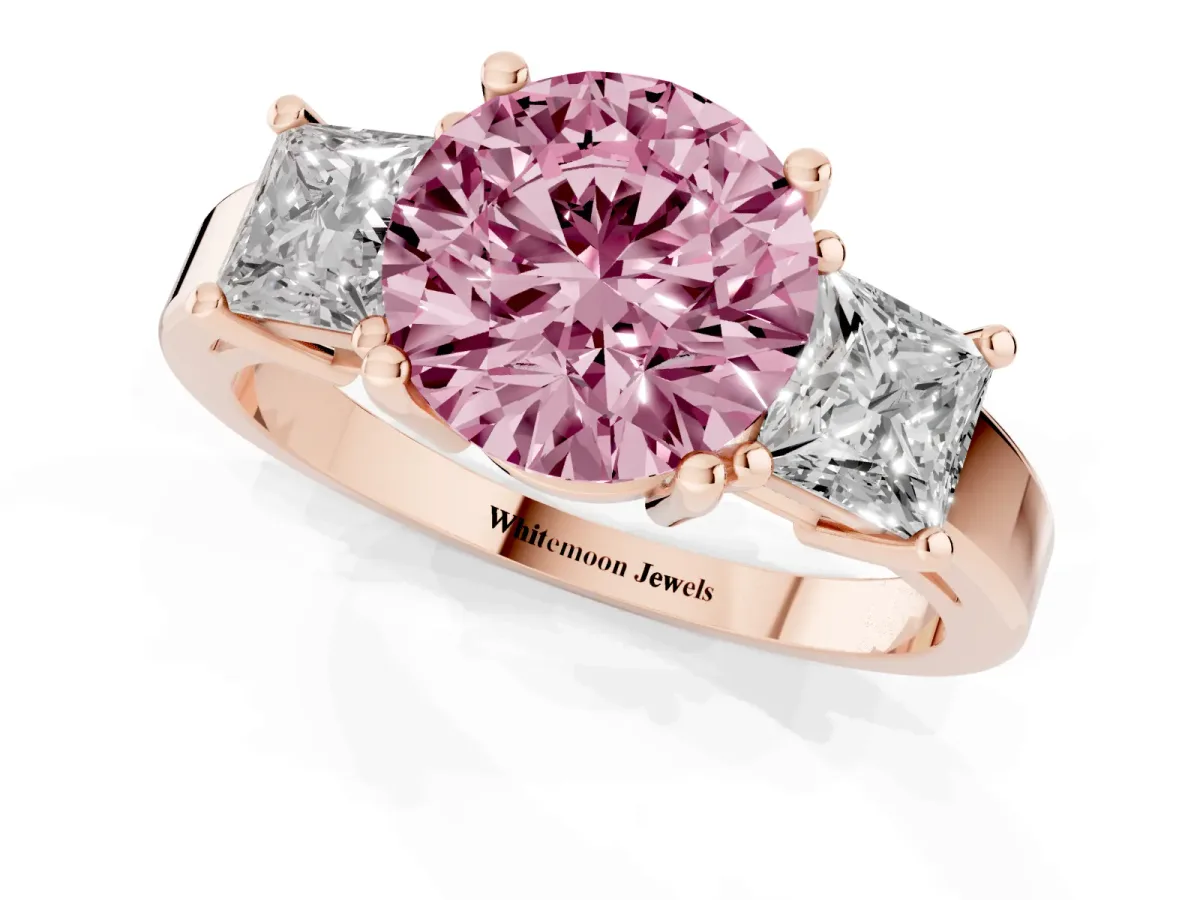 Fancy Pink Three-Stone Round Cut Cut Solitaire Ring with Prong Setting Rose gold