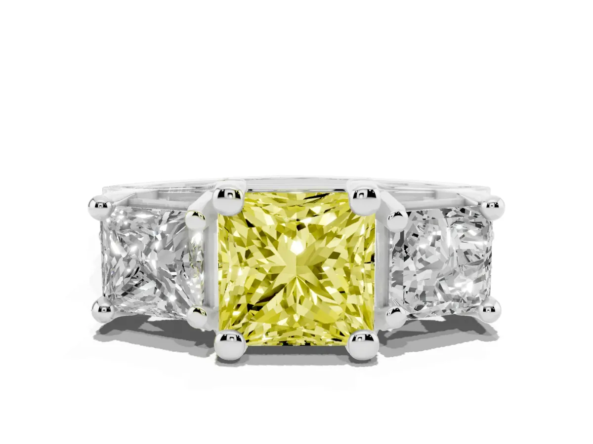 Fancy Yellow Princess Cut Diamond Three-Stone Ring with Channel Set Band and Four-Prong Setting Silver