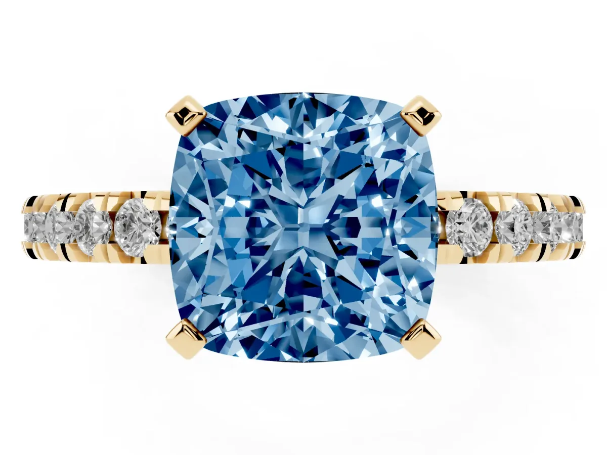 Fancy Blue Cushion Cut Diamond Pavé Band Solitaire with Four-Prong Setting Yellow gold