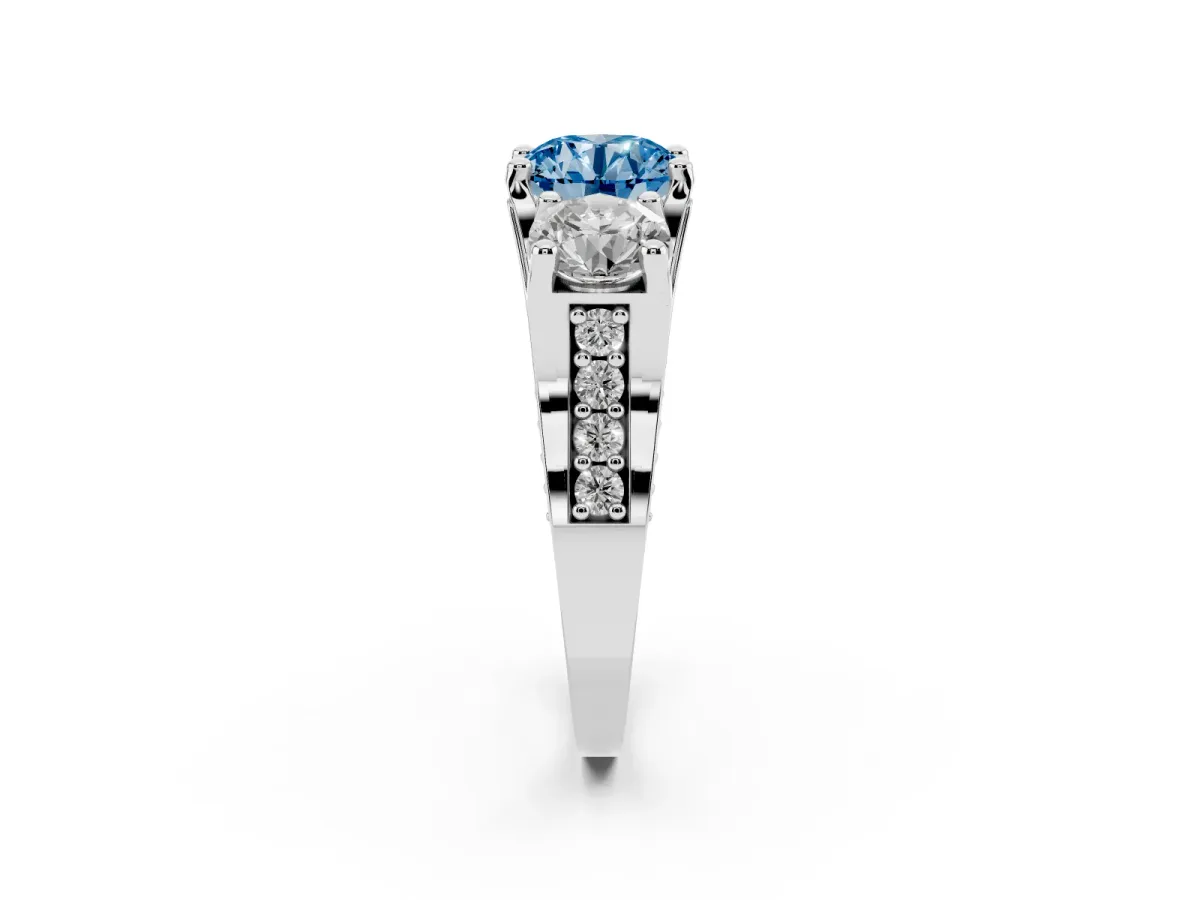 Fancy Blue Round Cut Diamond Three-Stone Ring with Channel Set Band and Four-Prong Setting Silver