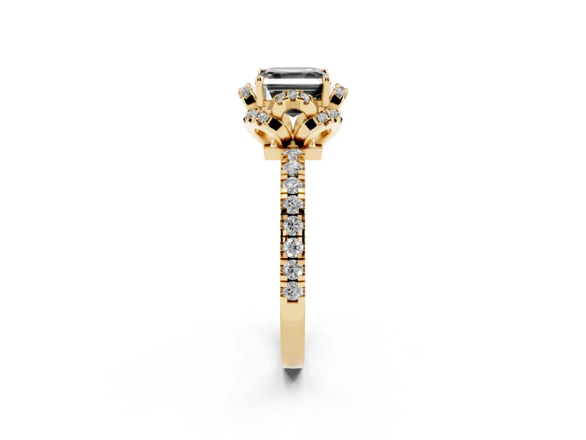 Fancy Black Asscher Cut Diamond Halo Pave Band with Four-Prong Setting Yellow gold