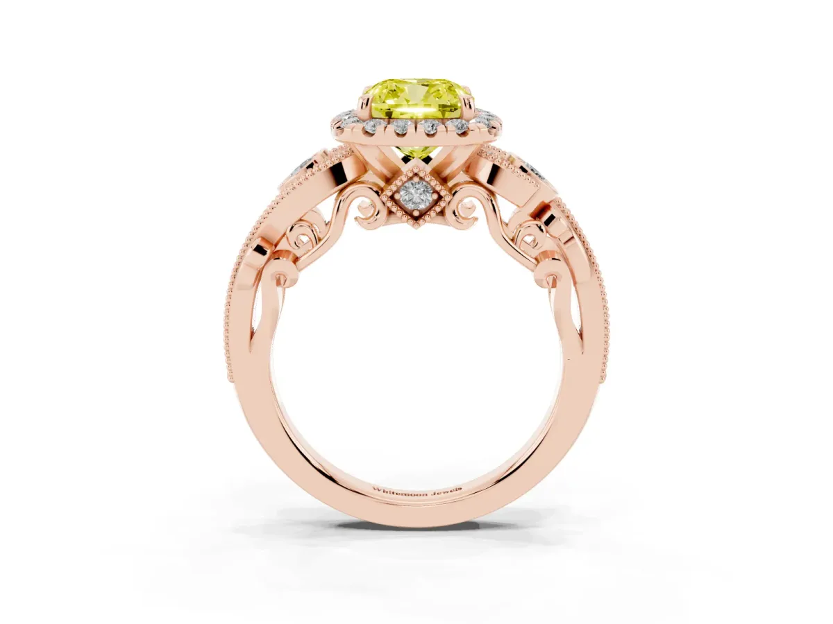 Fancy Yellow Cushion Cut Halo Diamond Ring with Milgrain and Bezel Accents on a Split Shank Band Rose gold
