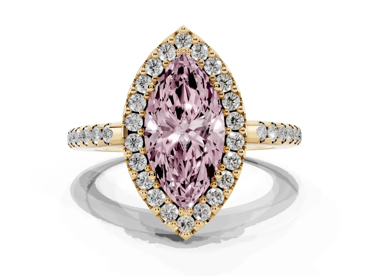 Fancy Pink Marquise Cut Diamond Pavé Halo Ring with Four-Prong Setting Yellow gold
