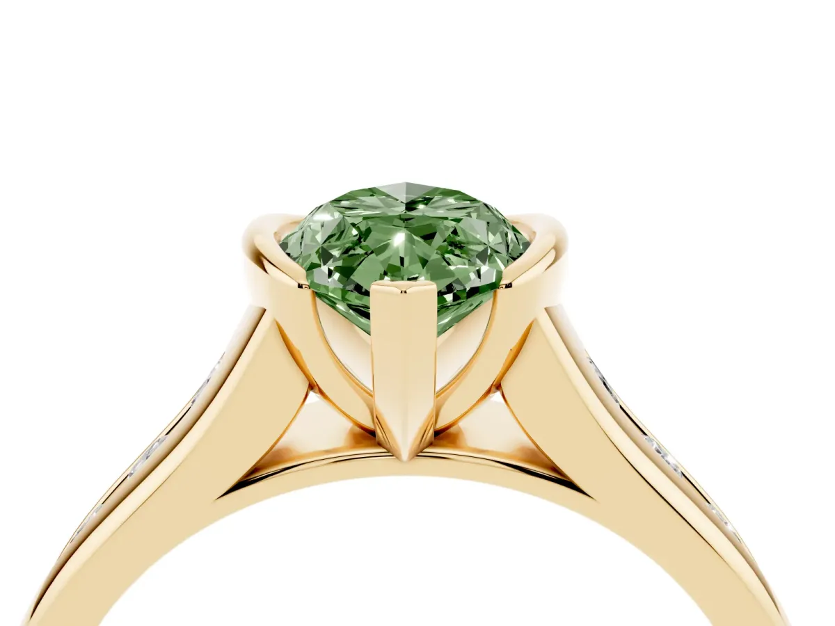 Fancy Green Marquise Cut Solitaire Bezel-Set Diamond Ring with Channel-Set Band Yellow gold