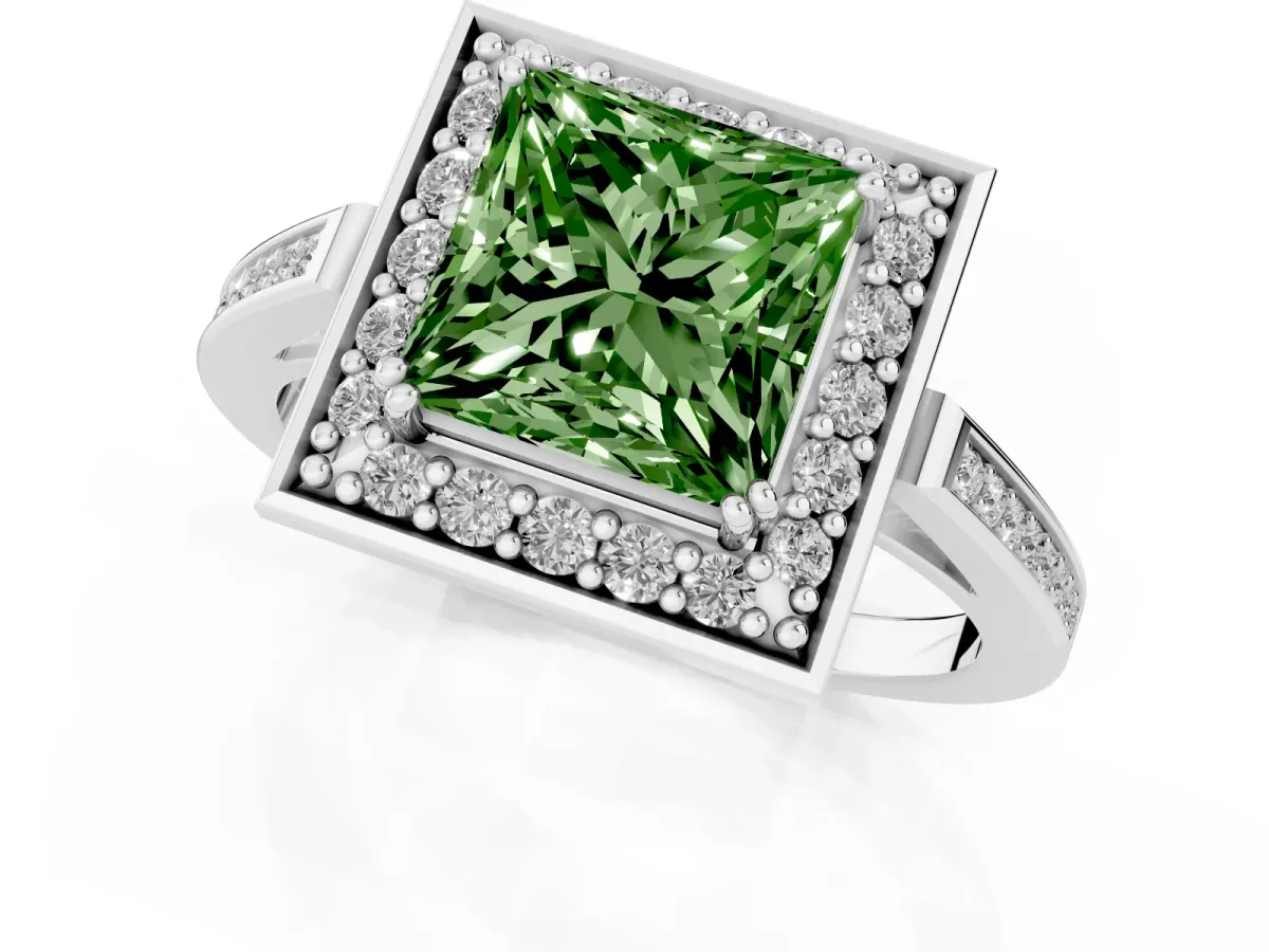 Fancy Green Princess Cut Diamond Halo Ring with Split Shank and Four-Prong Setting Silver