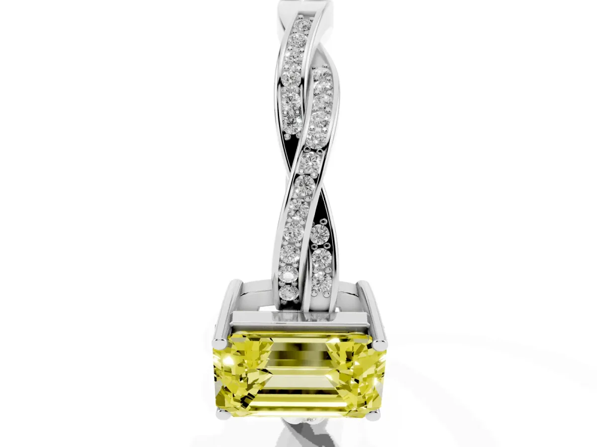 Fancy Yellow Emerald Cut Solitaire Twisted Pave Diamond Ring with Four-Prong Setting White gold