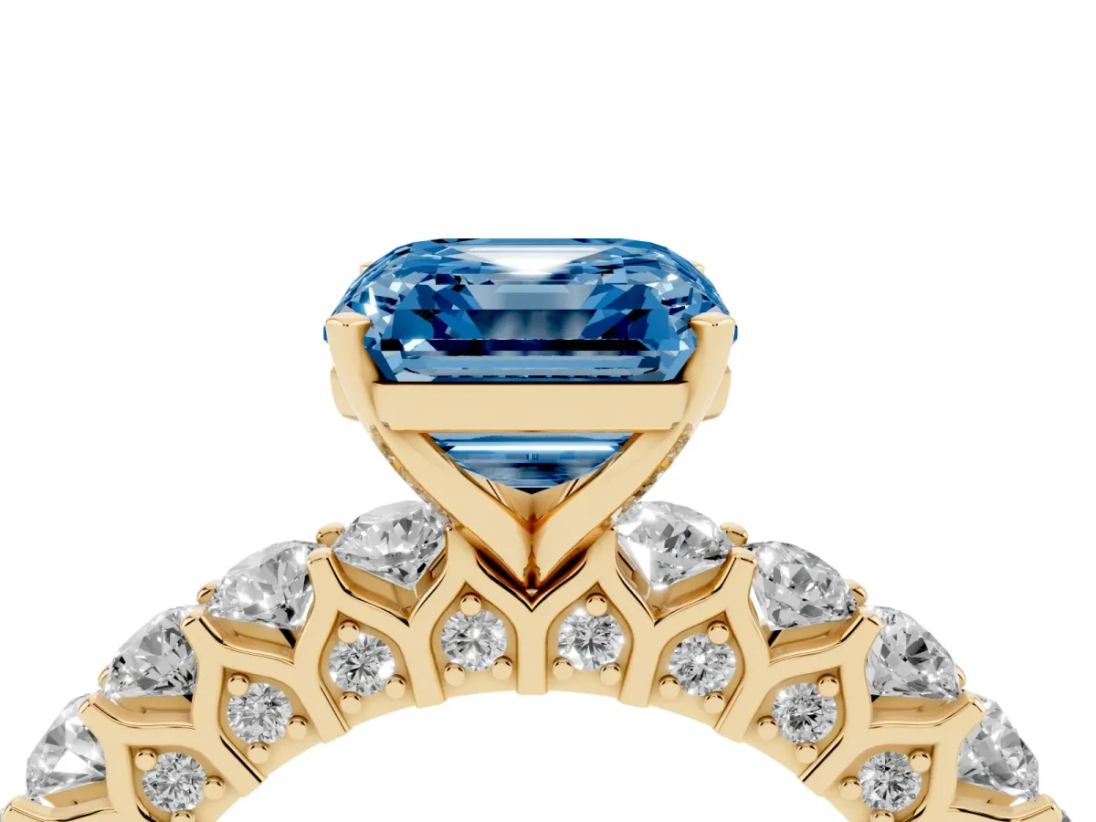 Fancy Blue Asscher Cut Diamond Solitaire Ring with Shared Prong Pavé Band and Four-Prong Setting Yellow gold