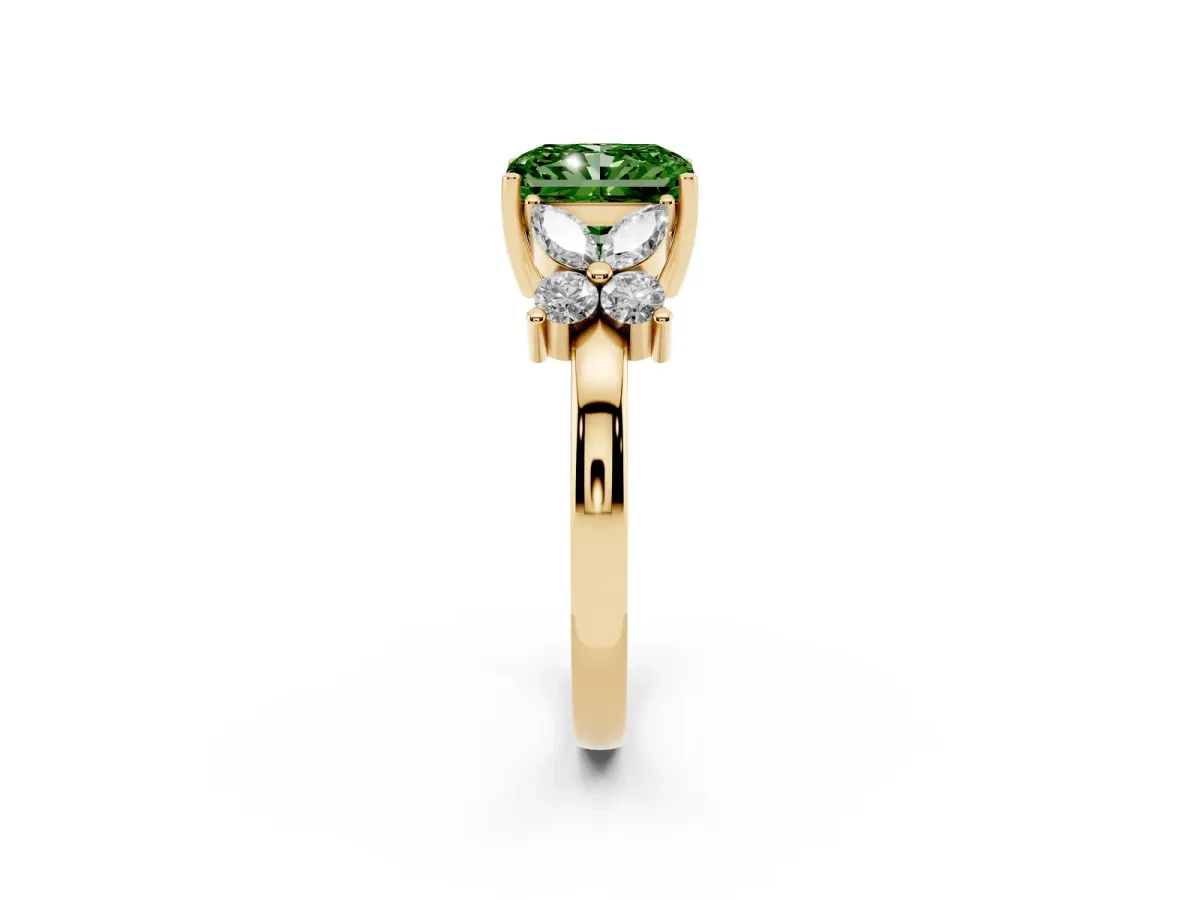 Fancy Green Radiant Cut Diamond Floral Cluster Ring with Solitaire Band and Prong Setting Yellow gold