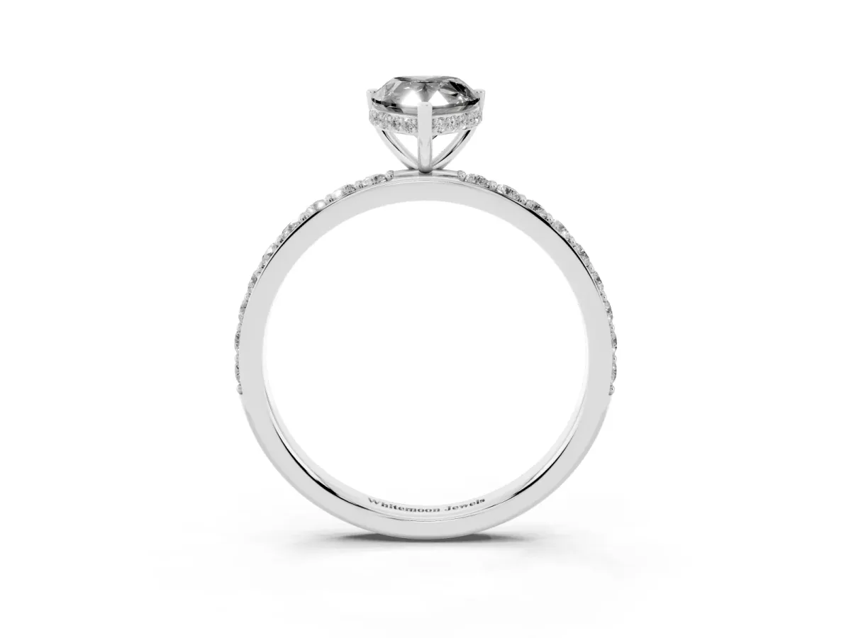 Fancy Black Pear Cut Diamond Solitaire Ring with Pavé Band and Hidden Halo Silver