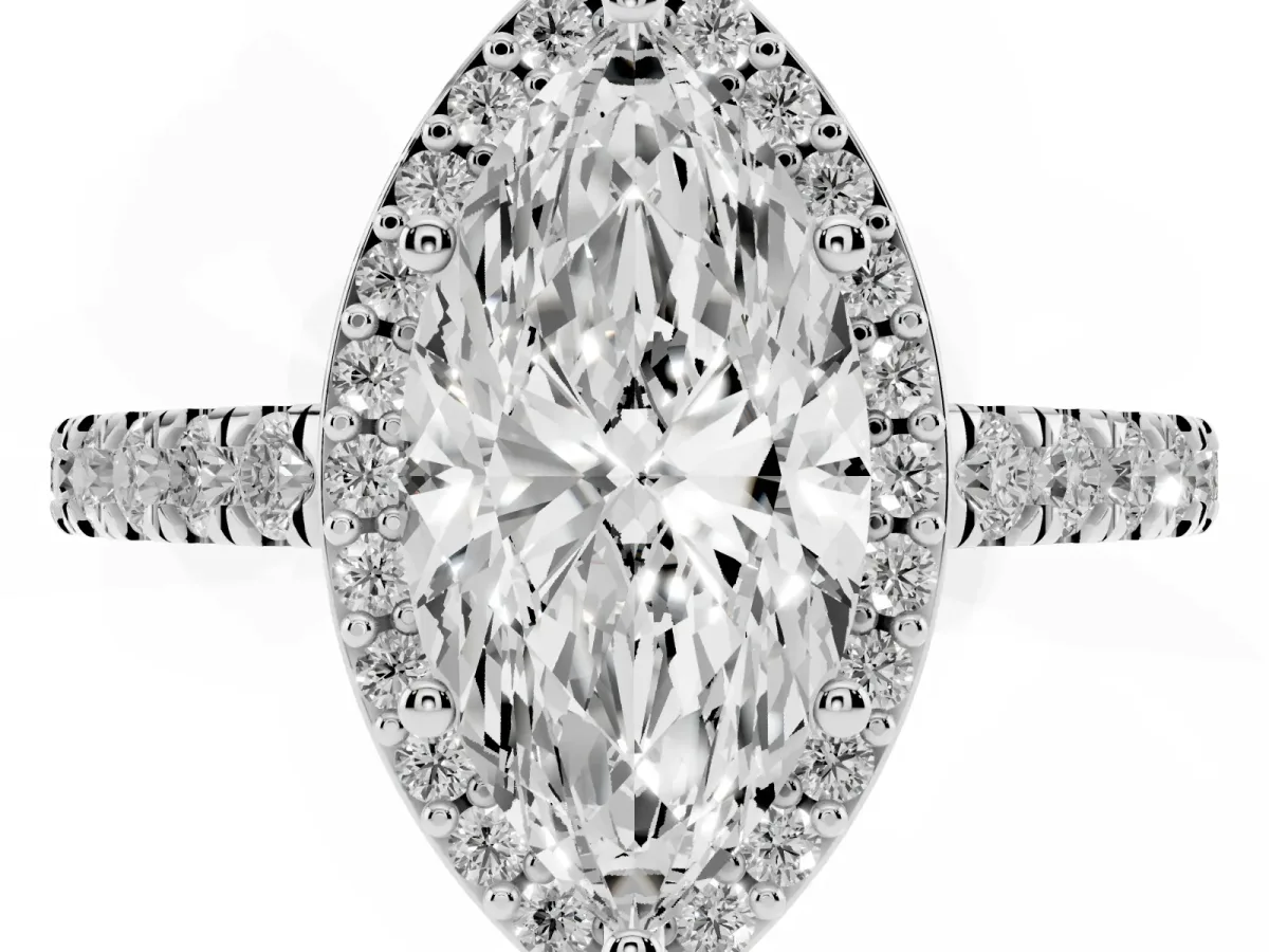 Marquise Cut Cut Halo Diamond Engagement Ring with Pave Band and Four-Prong Setting Silver