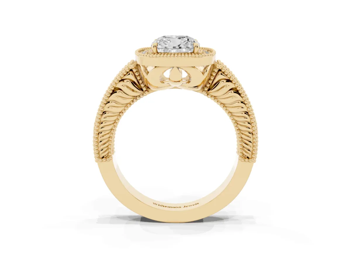 Cushion Cut Cut Halo Diamond Ring with Pavé Band and Four-Prong Setting Yellow gold