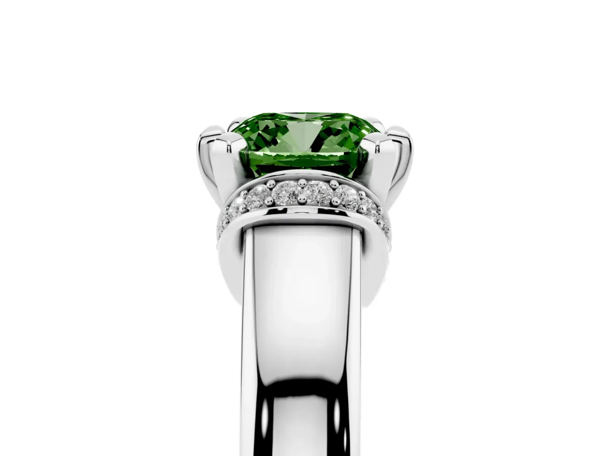 Fancy Green Cushion Cut Solitaire Diamond Ring with Pave Band and Six-Prong Setting Platinum