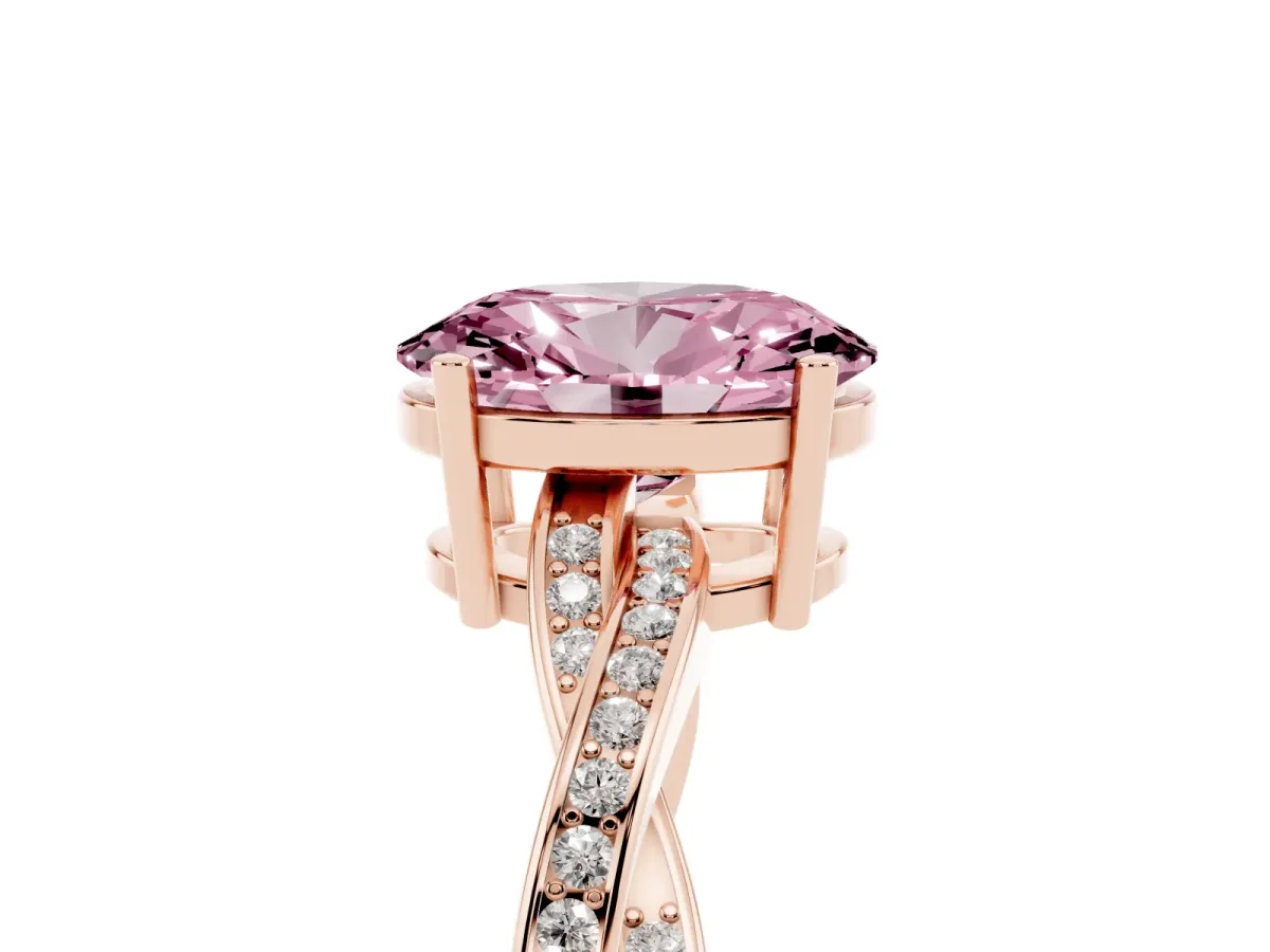 Fancy Pink Oval Cut Solitaire Twisted Pave Diamond Ring with Four-Prong Setting Rose gold