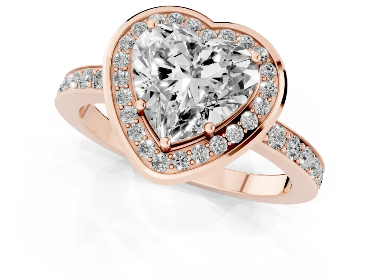 Heart Cut Diamond Halo Ring with Bezel Frame and Pavé Band Rose gold