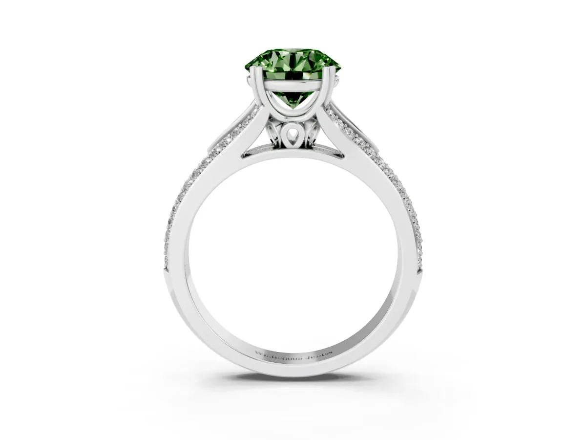 Fancy Green Round Cut Diamond Split Shank Engagement Ring with Pavé Band Platinum