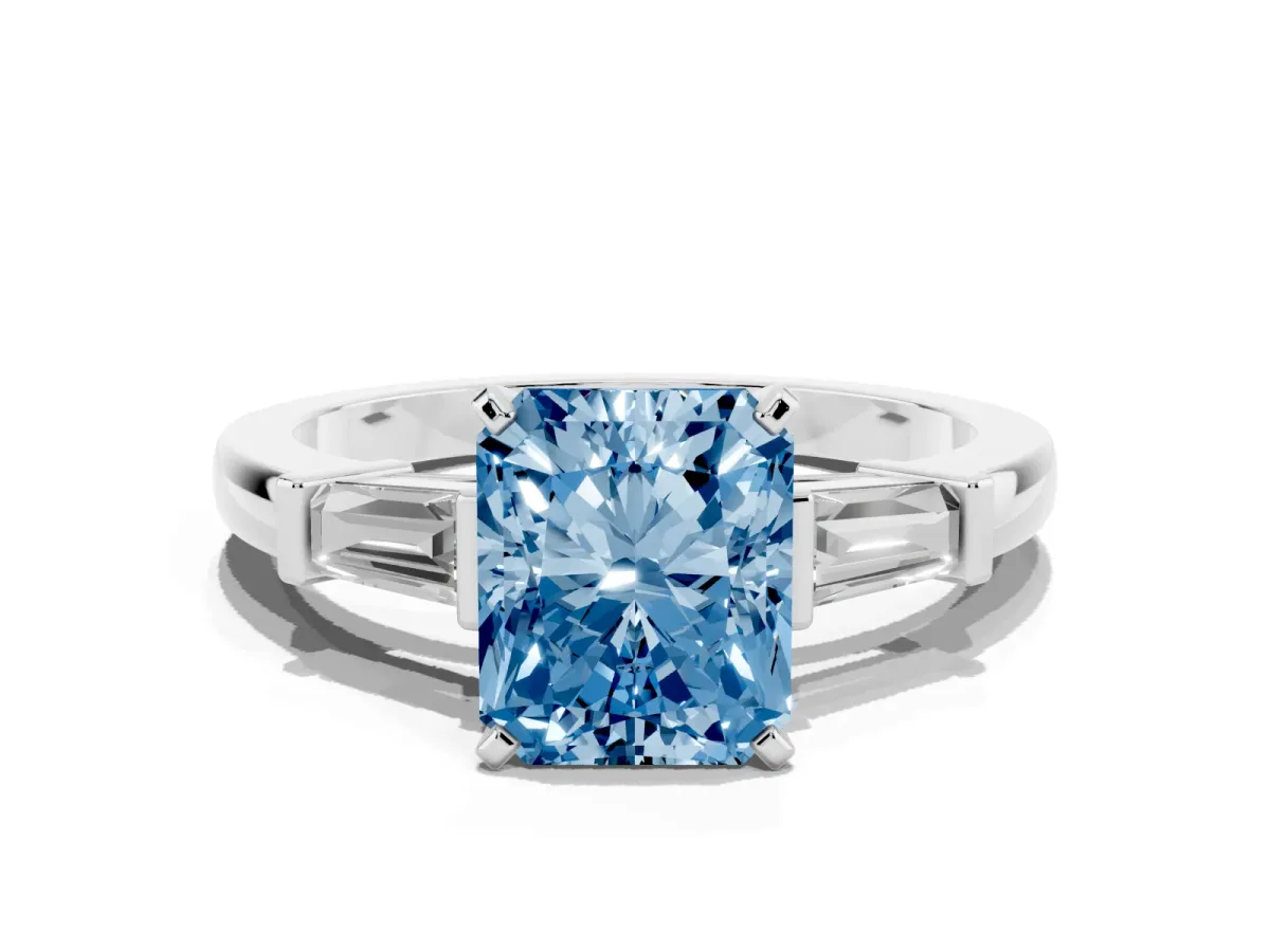 Fancy Blue Radiant Cut Cut Diamond Solitaire Ring with Tapered Baguette Accents and Four-Prong Setting Silver
