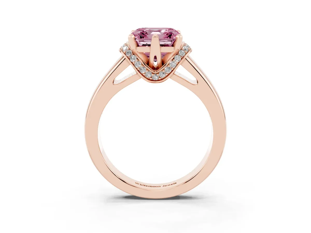 Fancy Pink Asscher Cut Solitaire Diamond Ring with Pave Band and Six-Prong Setting Rose gold