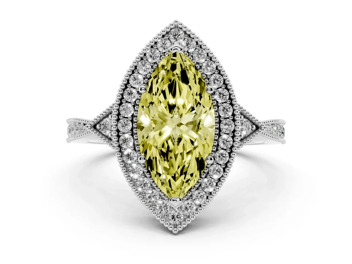 Fancy Yellow Marquise Cut Halo Round Diamond Milgrain Pave Engagement Ring Silver