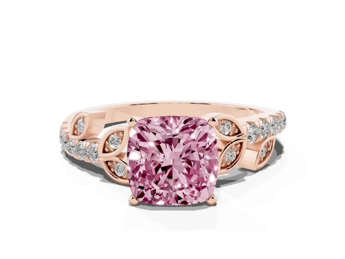 Fancy Pink Cushion Cut Solitaire Leaf-Inspired Diamond Ring with Pavé Band and Four-Prong Setting Rose gold