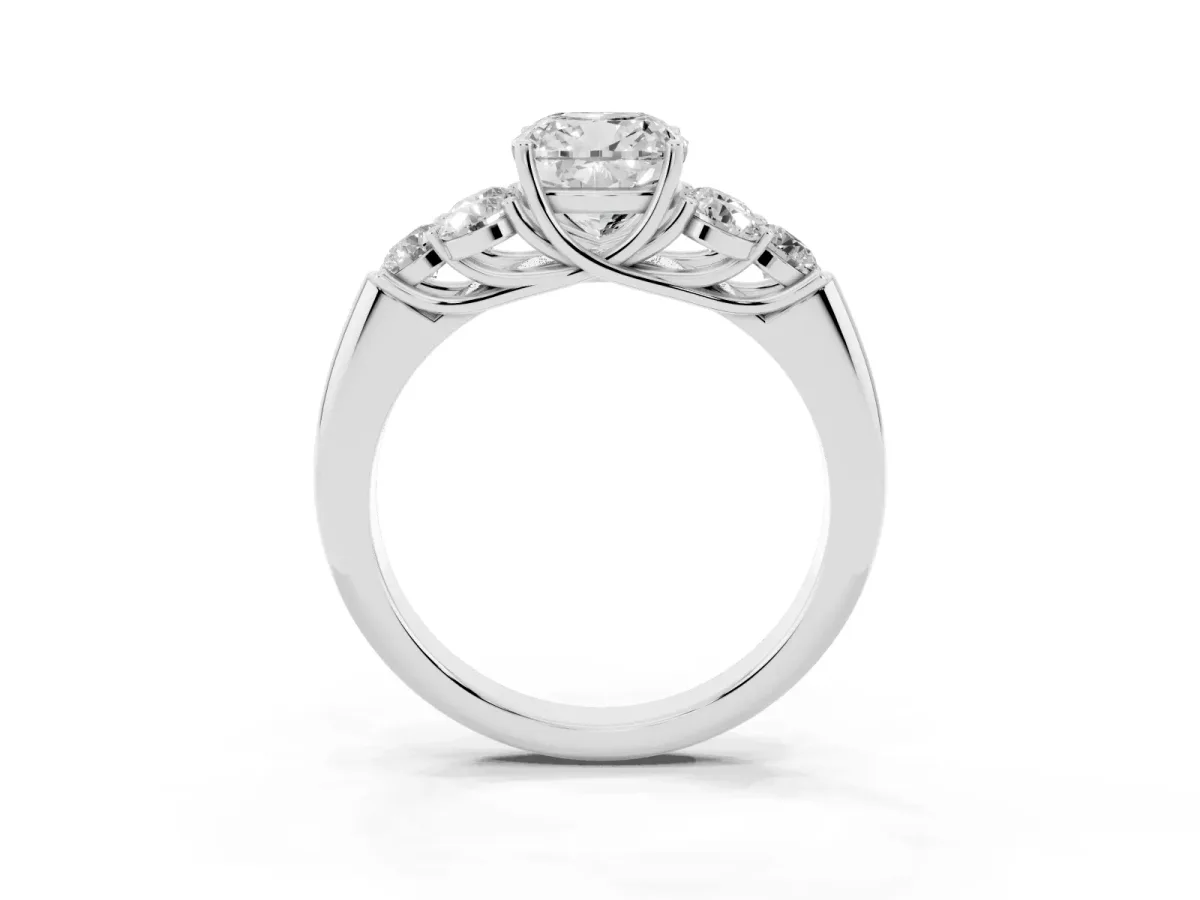 Cushion Cut Cut Diamond Cluster Ring with Round Accent Stones and Prong Setting on a Classic Band Silver