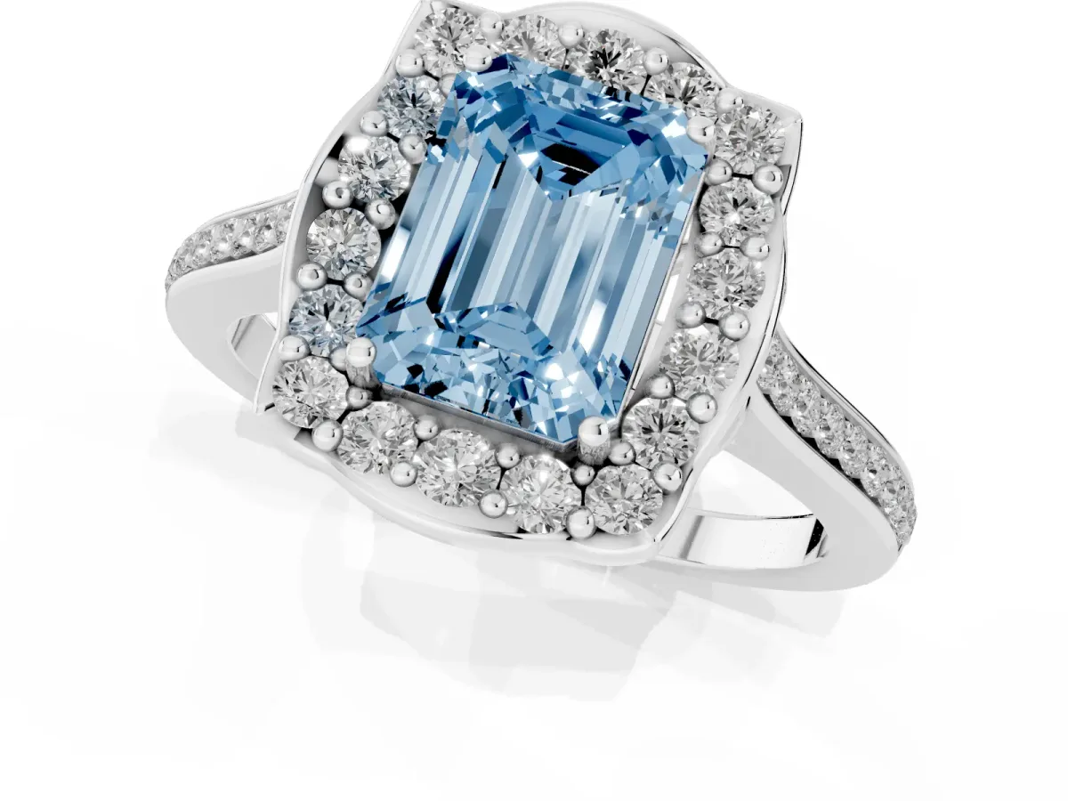 Fancy Blue Emerald Cut Halo Round Diamond Pave Band with Four-Prong Setting Silver