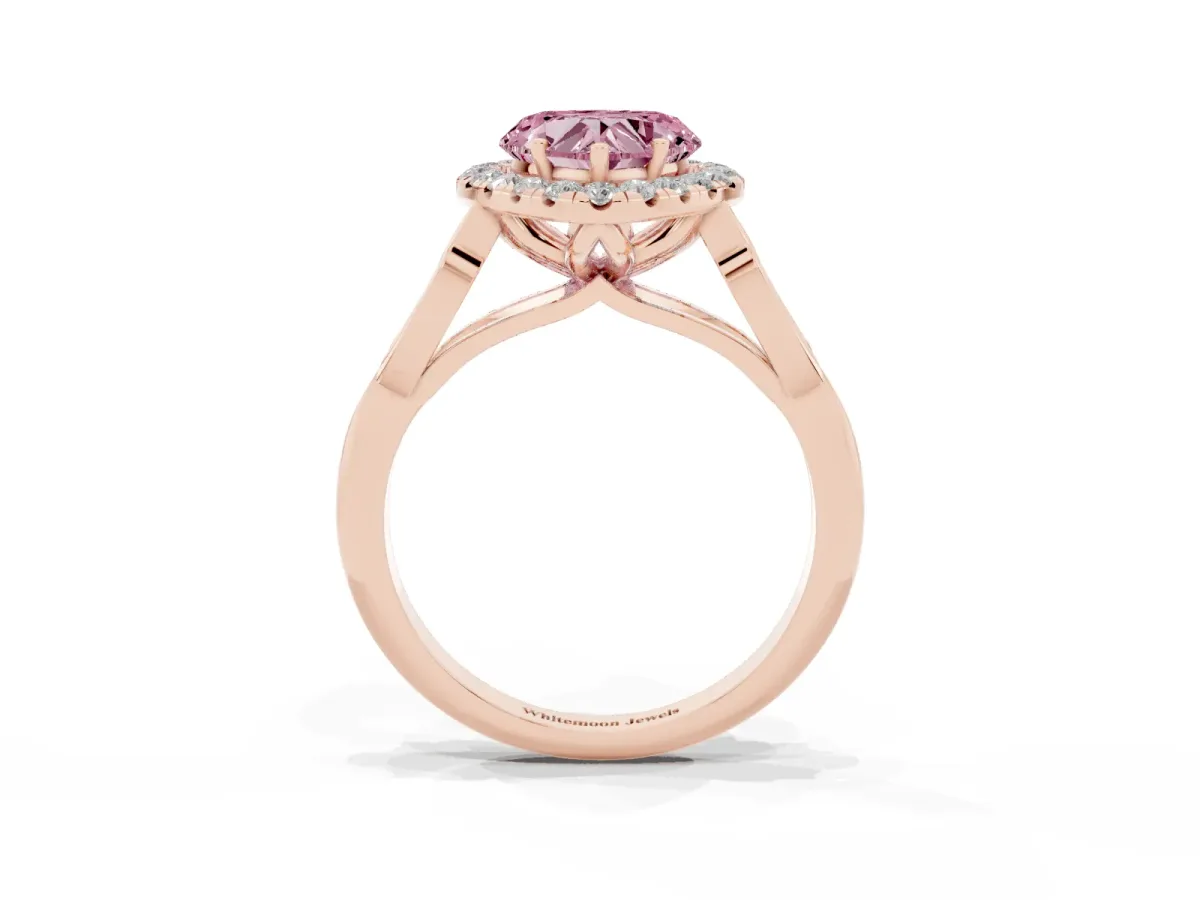 Fancy Pink Heart Cut Halo Diamond Engagement Ring with Filigree Band and Four-Prong Setting Rose gold