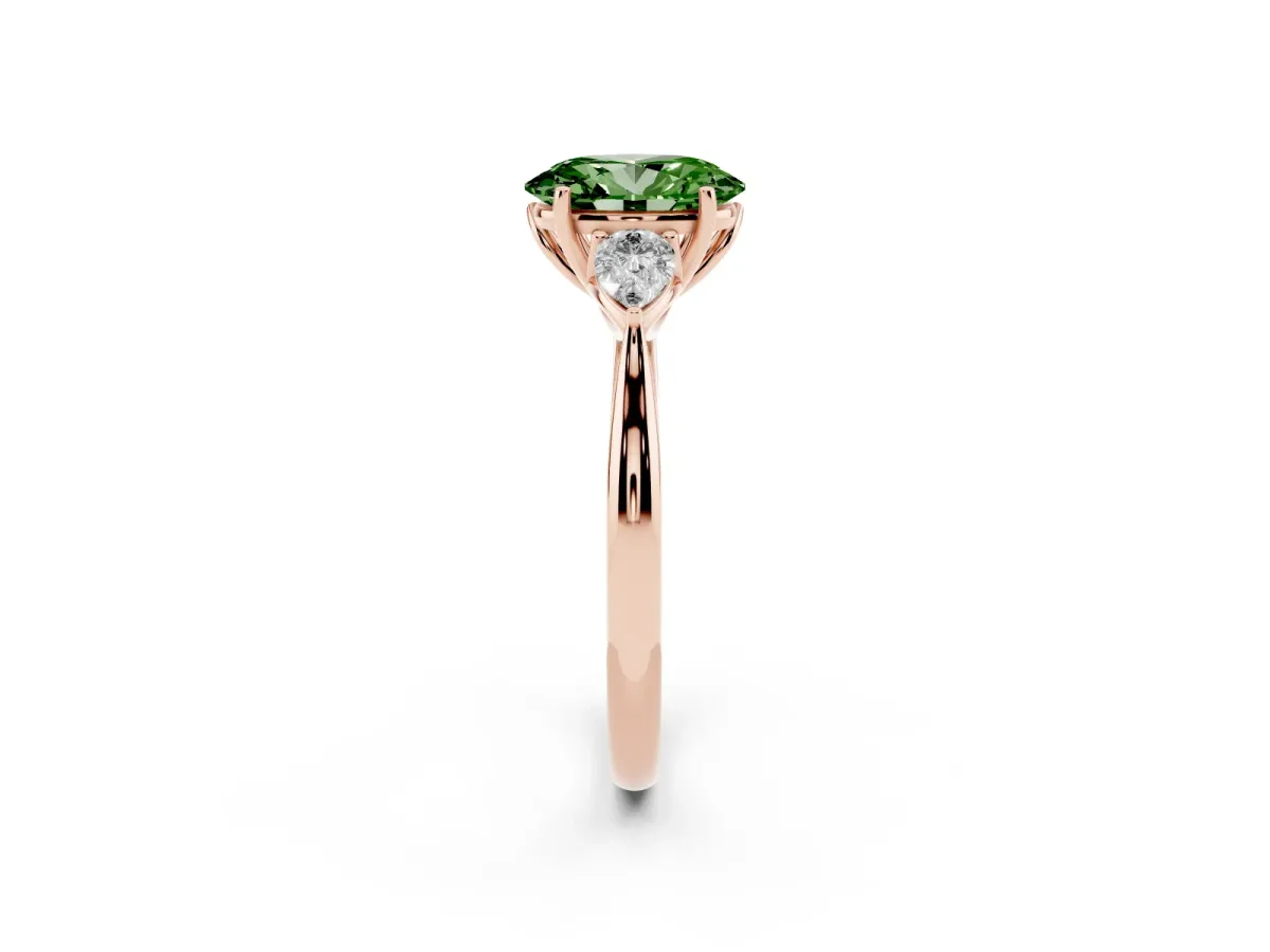 Fancy Green Three-Stone Oval Cut Diamond Ring with Pear Side Stones in Four-Prong Setting Rose gold