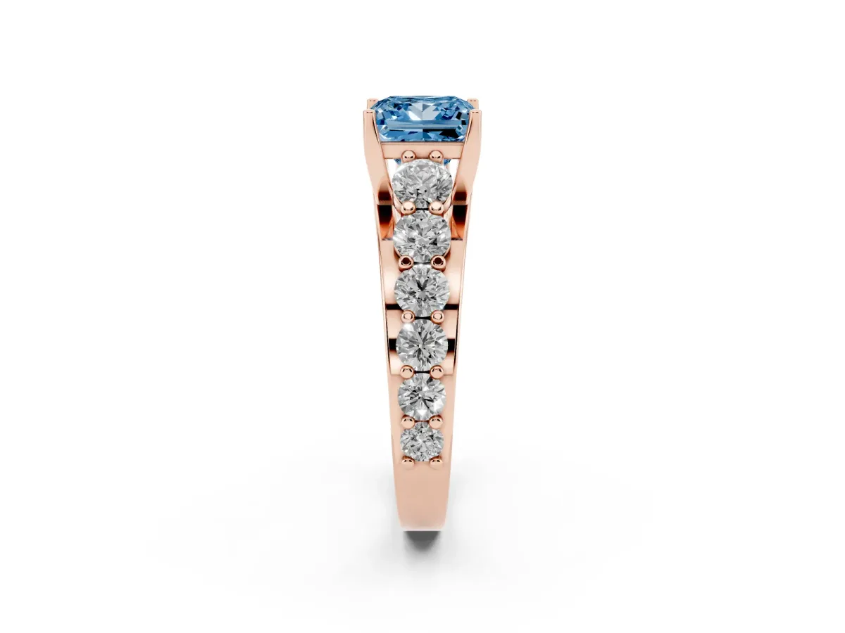 Fancy Blue Princess Cut Diamond Engagement Ring with Pavé Band and Four-Prong Setting Rose gold