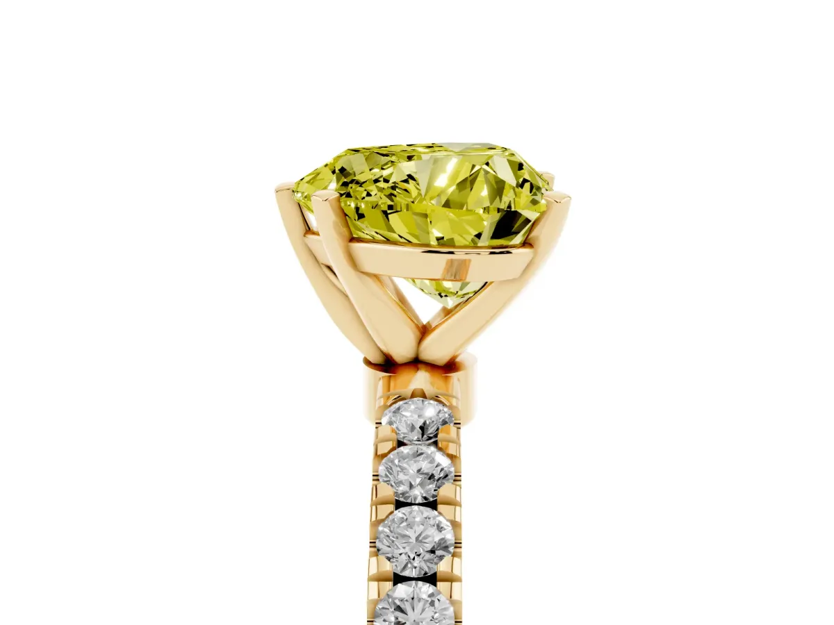 Fancy Yellow Heart Cut Diamond Solitaire Ring with Pavé Accents and Four-Prong Setting Yellow gold