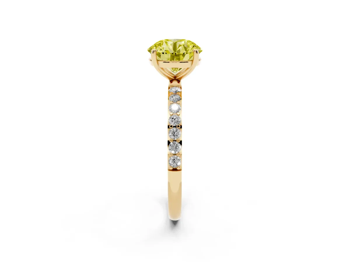 Fancy Yellow Round Cut Diamond Solitaire Ring with Round Pavé Shoulders and Prong Setting Yellow gold