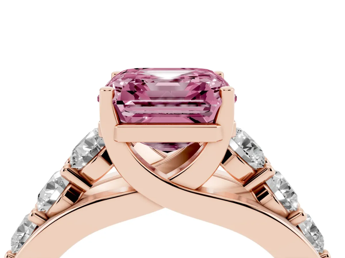 Fancy Pink Asscher Cut Diamond Engagement Ring with Pavé Band and Four-Prong Setting Rose gold