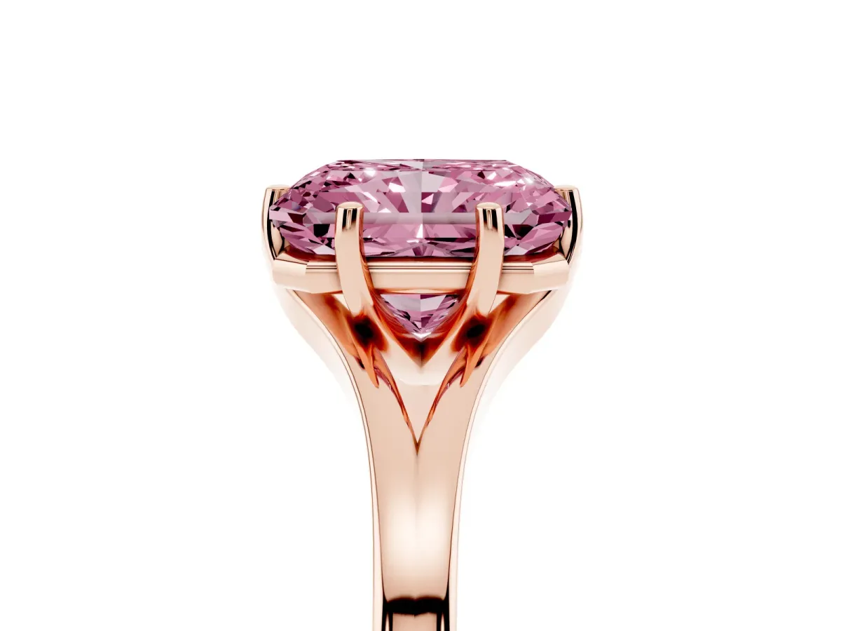 Fancy Pink Radiant Cut Solitaire Diamond Ring with Six-Prong Setting and Tapered Band Rose gold