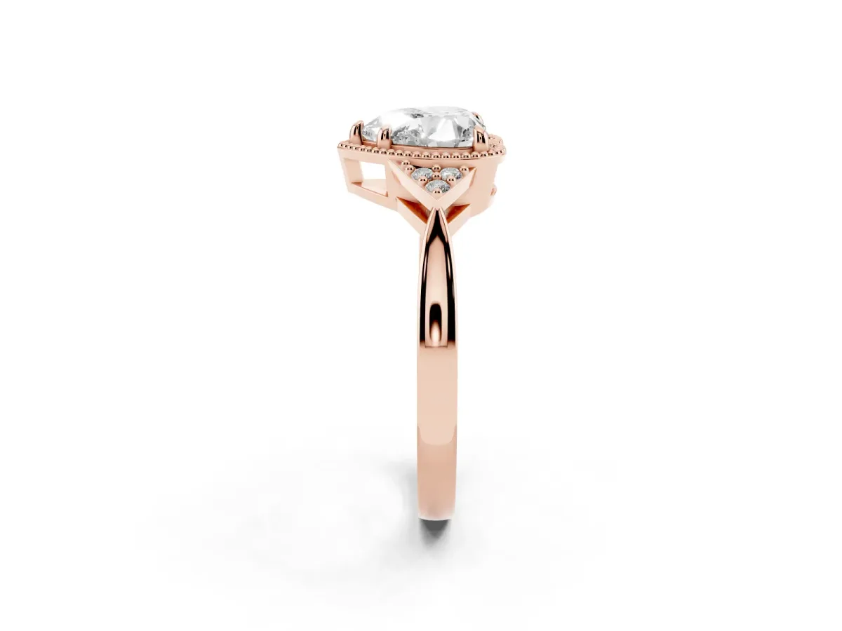 Hexagonal Halo Heart Cut Diamond Solitaire with Pavé Band and Four-Prong Setting Rose gold
