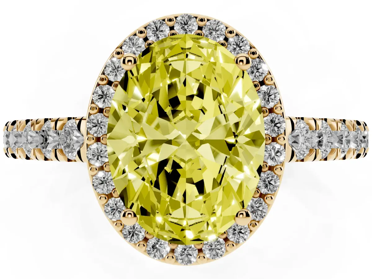 Fancy Yellow Oval Cut Cut Halo Diamond Engagement Ring with Pave Band and Four-Prong Setting Yellow gold