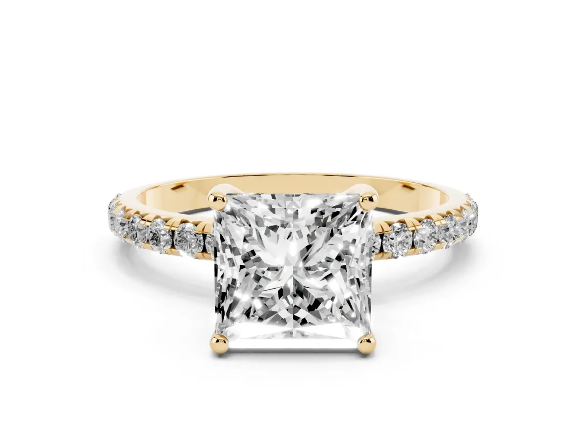 Princess Cut Cut Diamond Solitaire Ring with Micro Pave Band and Four Prong Setting Yellow gold