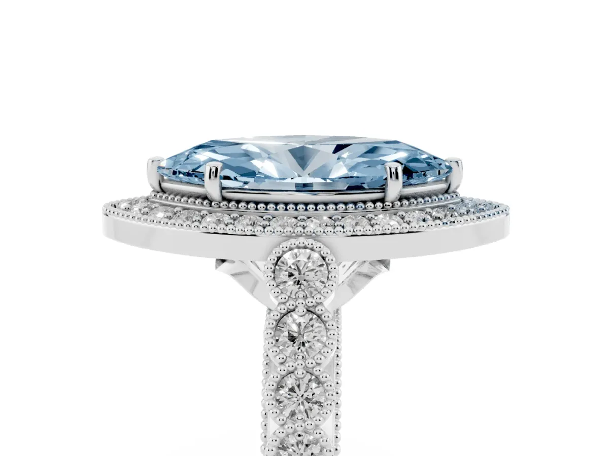 Fancy Blue Marquise Cut Halo Milgrain Solitaire with Bezel Set Side Stones and Pave Band Silver