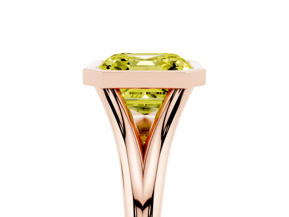 Fancy Yellow Bezel Set Asscher Cut Cut Solitaire Ring with Tapered Band Rose gold