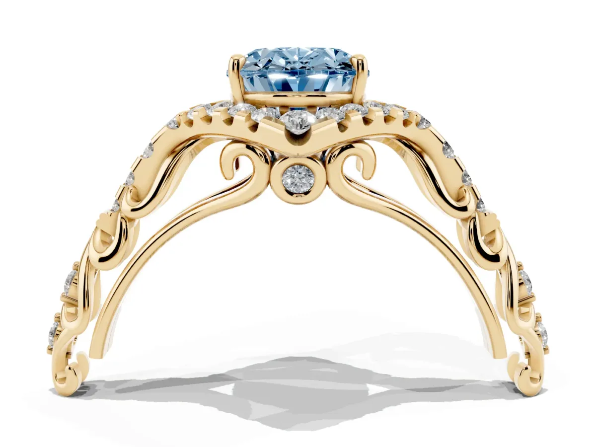 Fancy Blue Oval Cut Diamond Solitaire Ring with Hidden Halo and Pavé Band Yellow gold