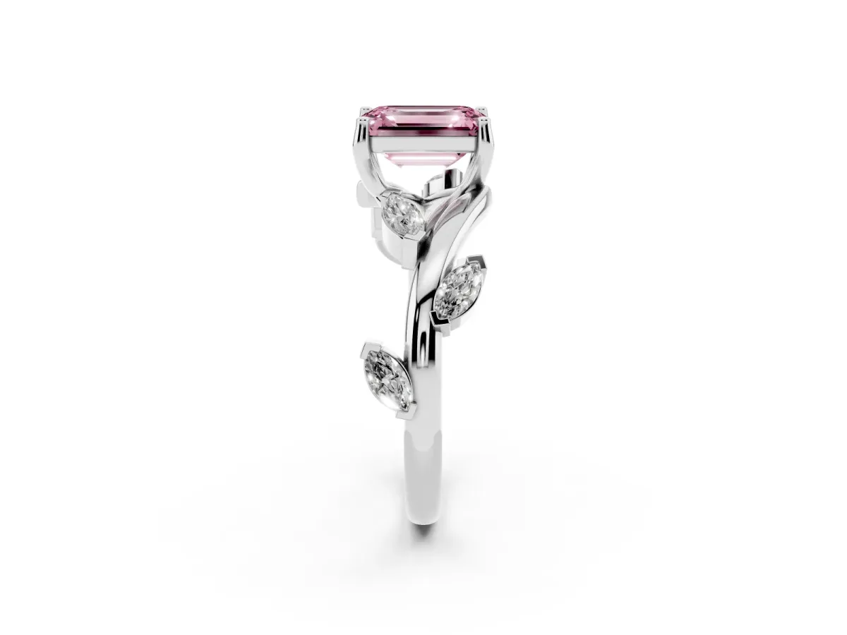 Fancy Pink Emerald Cut Solitaire Twisted Band Marquise Accent Prong Setting Ring Platinum